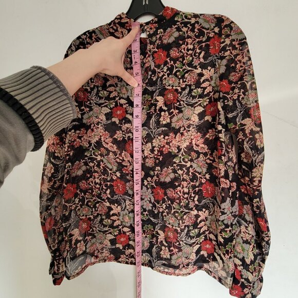 Zara Black Red Floral Print Ruffle Bib Long Sleeve Sheer Blouse Shirt Size XS - Picture 8 of 13